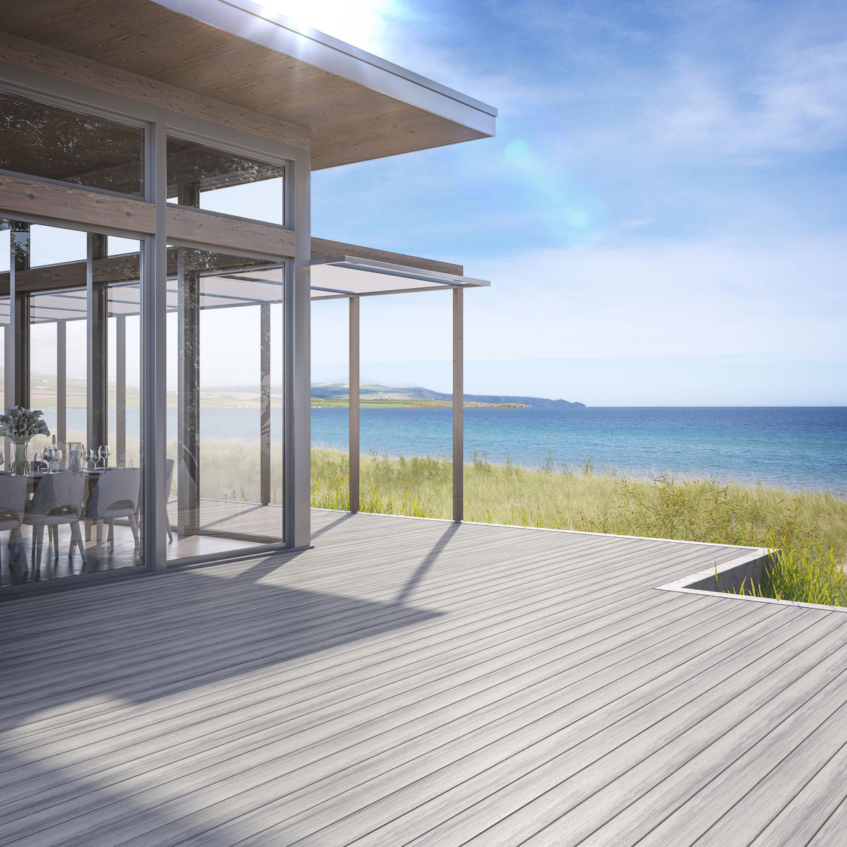 Deckorators Amalfi decking beside a modern coastal house